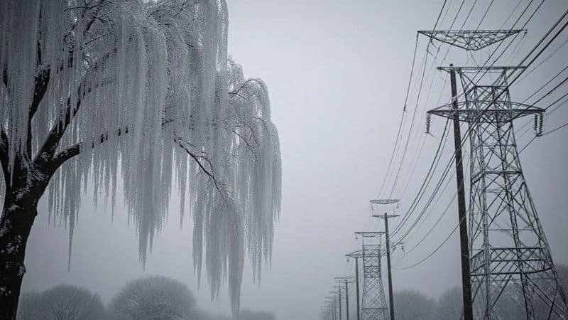 Tree branches and power lines coated in thick ice