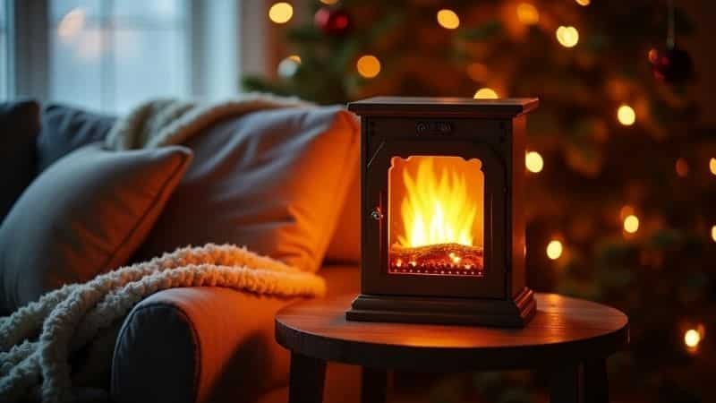 LED fireplace lamp on side table