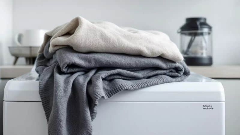 wool sweaters folded on top of the machine.