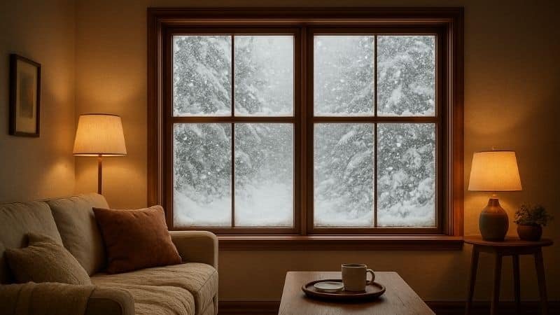 House with sealed windows and heavy snowstorm outside