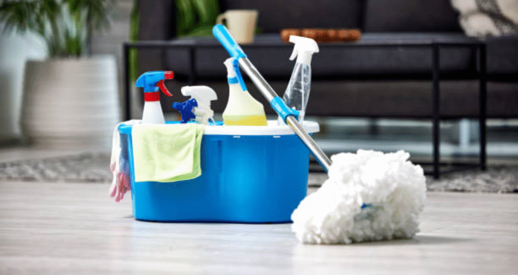 cleaning utensils basket on floor