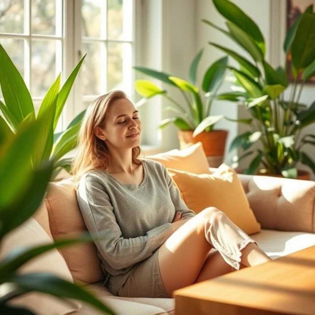 women feeling relaxed surroundings cover with feng shui and plants.