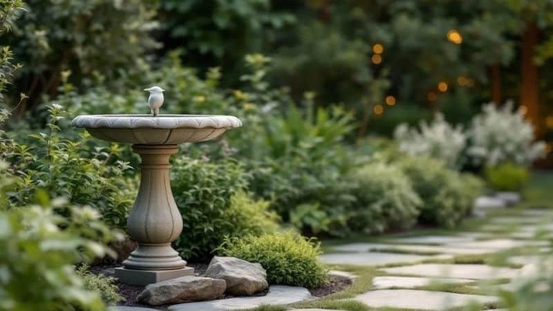 Simple garden with elegant birdbath