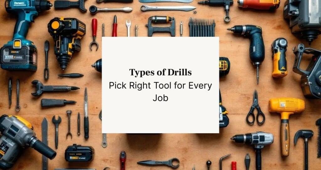 Various types of drills arranged on a workbench for comparison