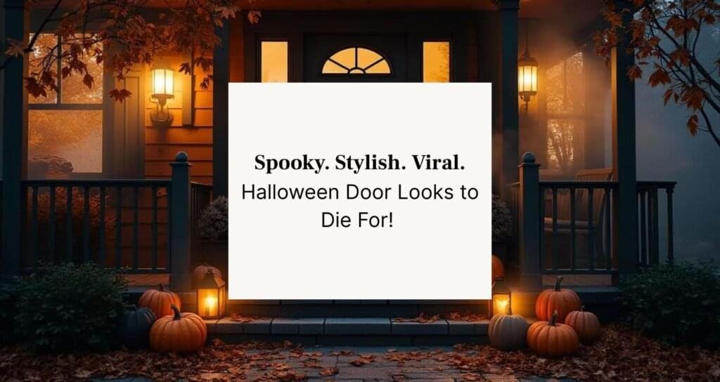 Halloween front porch at night with moody lanterns, pumpkins, and a stylish black wreath