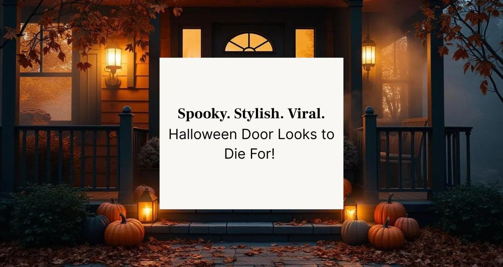 Halloween front porch at night with moody lanterns, pumpkins, and a stylish black wreath