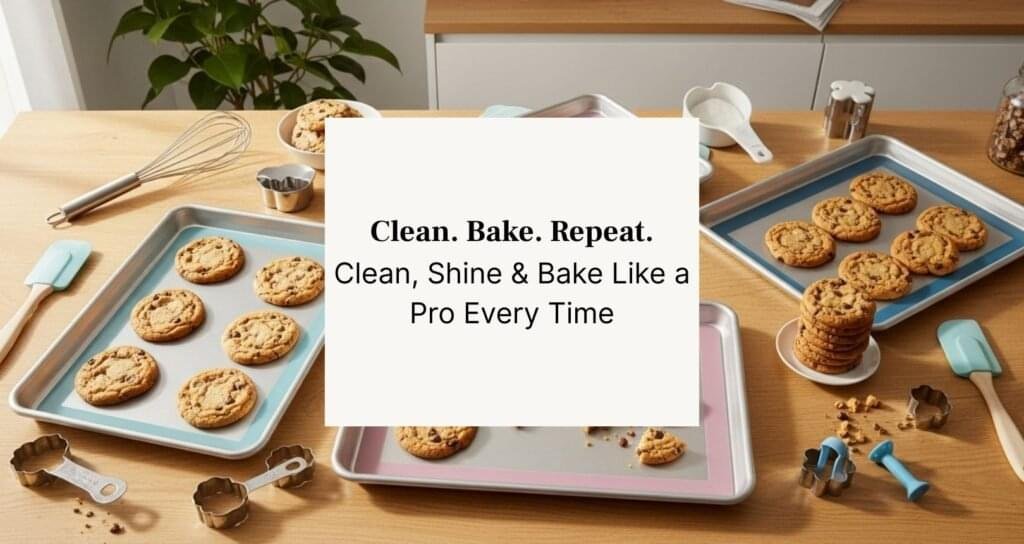 kitchen flat lay with baking sheets, cookies, and utensils